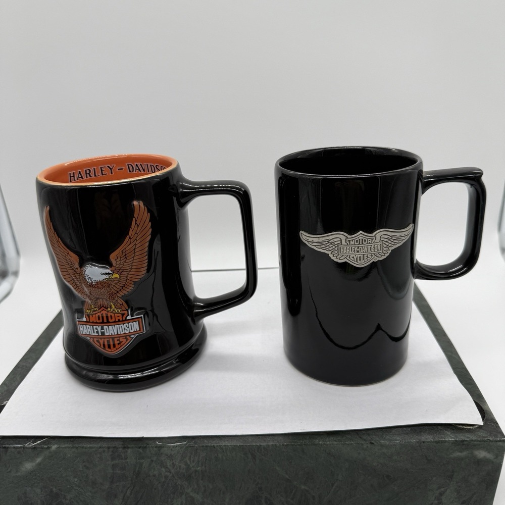 Harley Davidson Coffee Mug Lot 2 Eagle Logo Black Orange Hallmark 2002